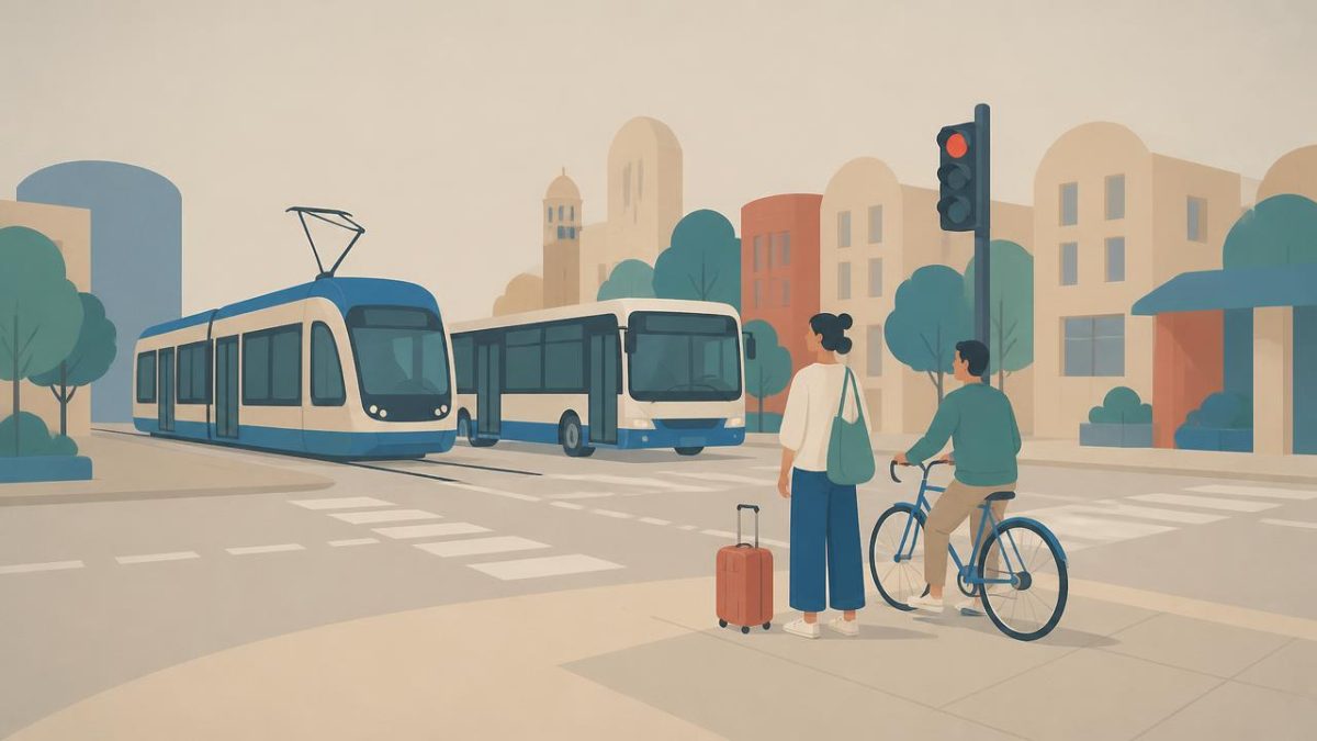 Cover illustration for the A1 practice unit „Transport: getting around, buying tickets and describing your commute“
