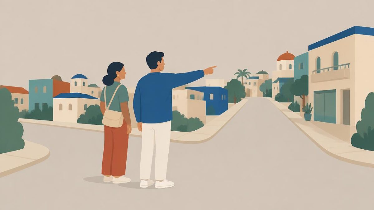Cover illustration for the A2 practice unit „City & directions: finding your way and helping someone else find theirs“