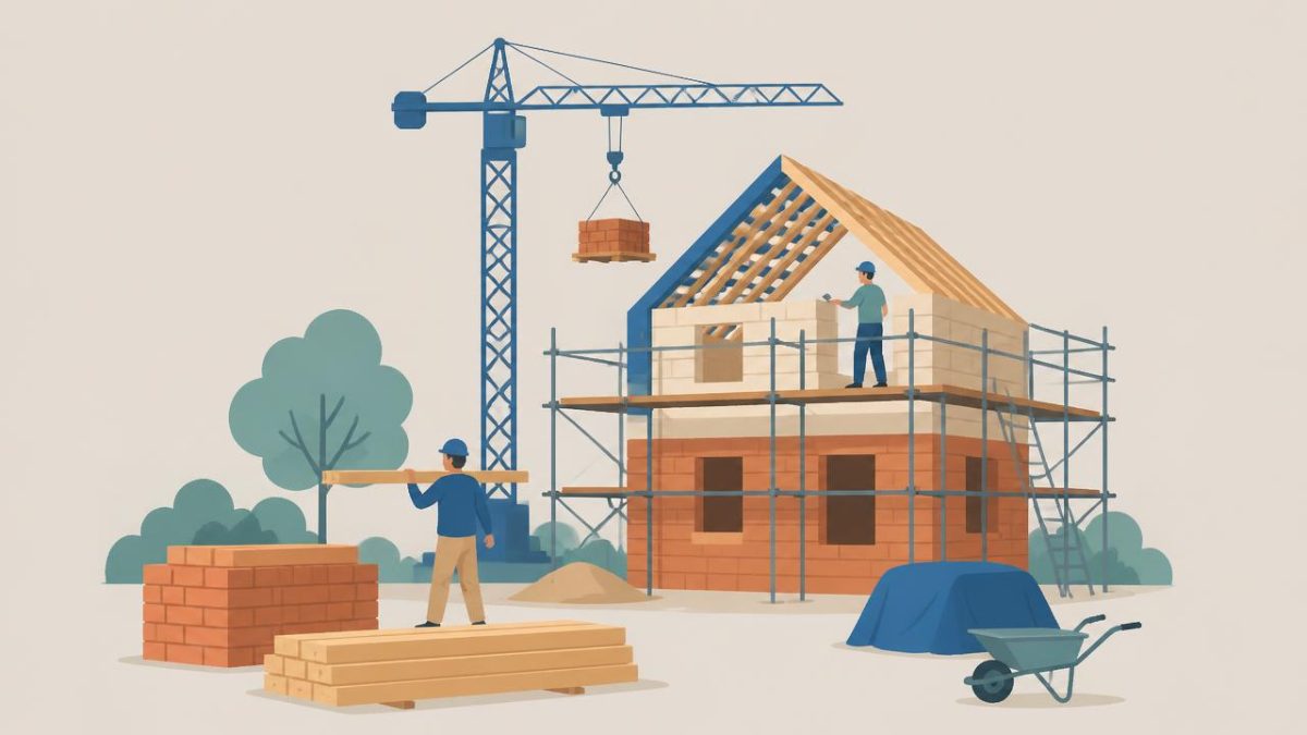 Cover illustration for the B2 practice unit „Construction: building, materials and the people who do the work“