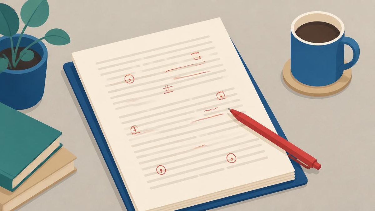 Cover illustration for the C1 practice unit „Writing & proofreading: where the comma goes“