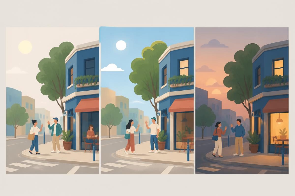 Context scene for the A1 writing task „Greetings through my day“
